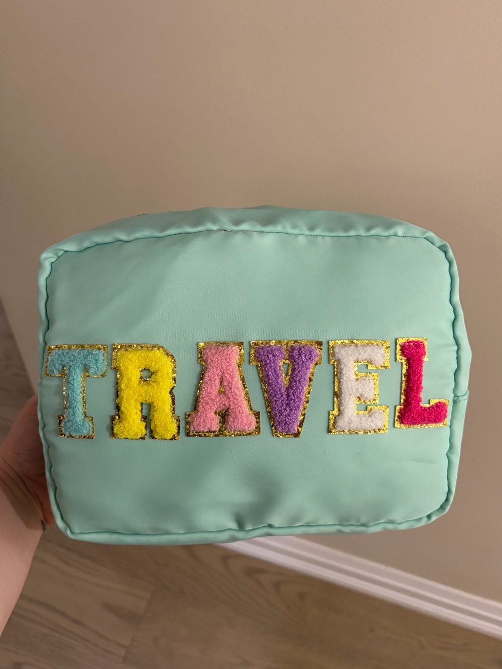 Large Make-up Mint Travel Cosmetic Bag with Colorful Lettering